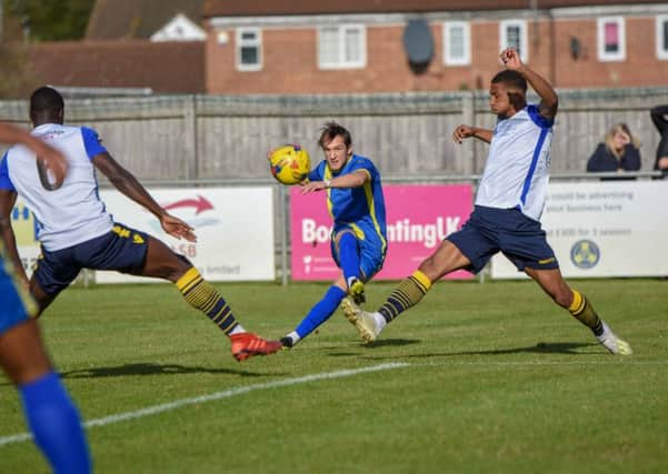 Action from Peterborough Sports' FA Cup win over Guiseley. Photo: James Richardson.