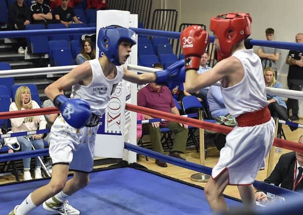 Shae Gowler from Peterborough Police ABC (bluer)  v Louis Falvey of Willenhall Town BC. Photo: David Lowndes.