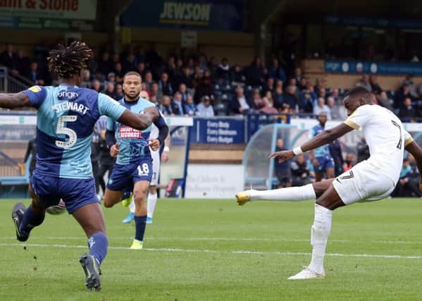 Mo Eisa scores for Posh against Wycombe last weekend.