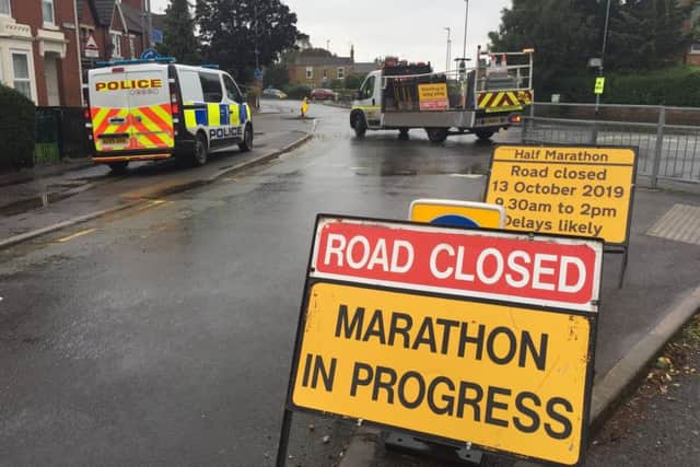 Police in Alexandra Road, Peterborough, where a man was seen acting suspiciously. The Great Eastern Run was cancelled because of this incident. Picture: David Lowndes
