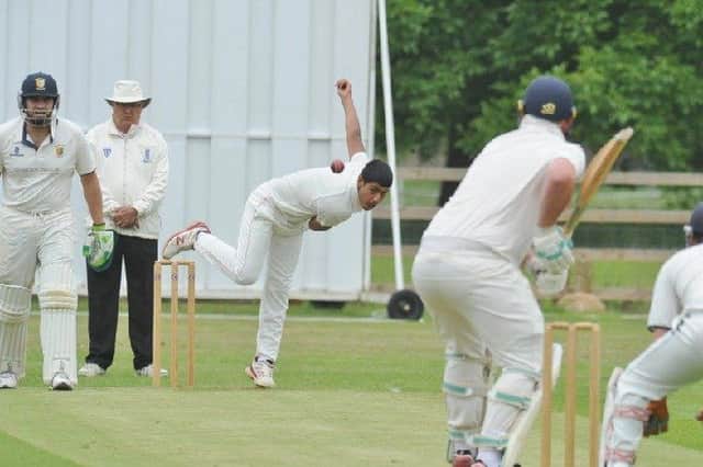 Ibrahim Javed bowling for Ufford Park against Stamford Town. Photo: David Lowndes.