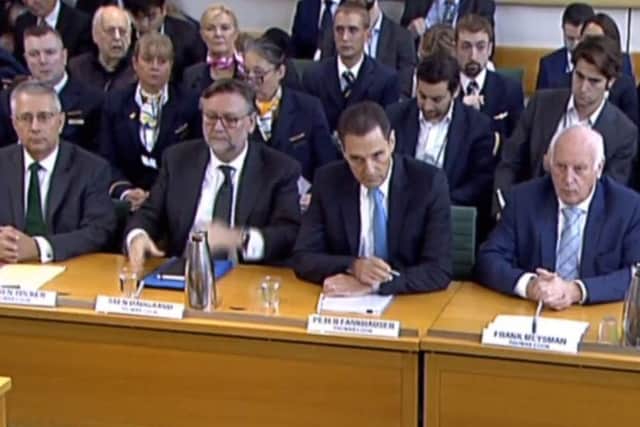 (left to right) Former Chair of Remuneration Committee at Thomas Cook Warren Tucker, former CFO of Thomas Cook Sten Daugaard, former CEO of Thomas Cook Peter Fankhauser and former chairman of Thomas Cook Frank Meysman, during the Business, Energy and Industrial Strategy Committee inquiry into the collapse of the British travel operator, at Portcullis House in Westminster. 
Picture: House of Commons/PA Wire
