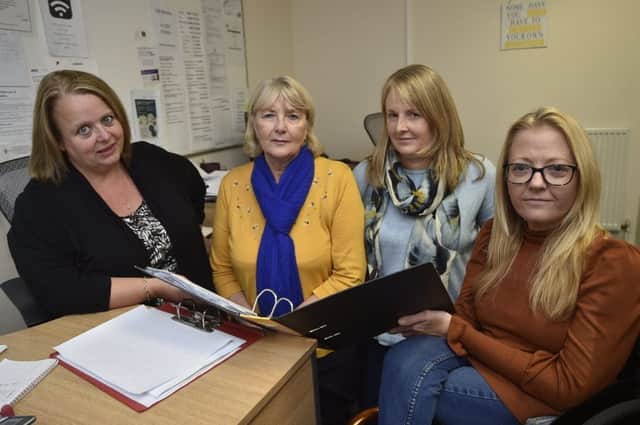 Jane Baillie, Pat Foeniger, Sarah Pilbeam and Julie Fernandez at Disability Peterboroughs office