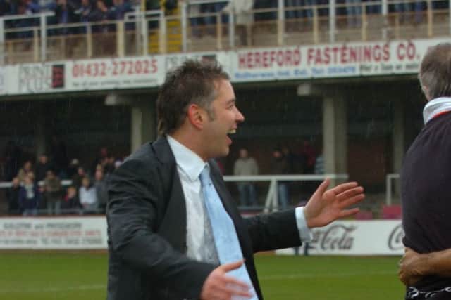 Darren Ferguson celebrates his first Posh promotion at Hereford in 2008.