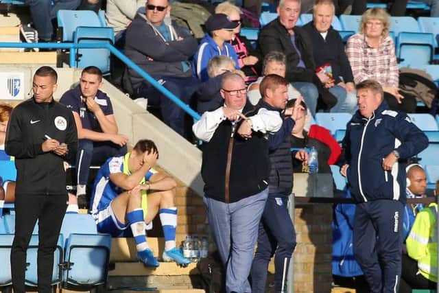 Gillingham manager Steve Evans suggests Posh are timewasting to the match referee. Photo: Joe Dent/theposh.com.