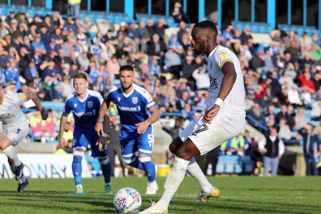 Mo Eisa scores from the penalty spot for Posh at Gillingham. Photo: Joe Dent/theposh.com.