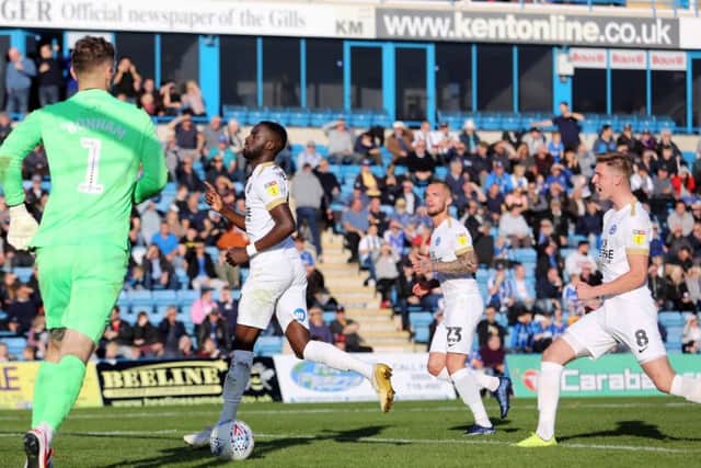Mo Eisa celebrates after scoring for Posh from the penalty spot at Gillingham. Photo: Joe Dent/theposh.com.