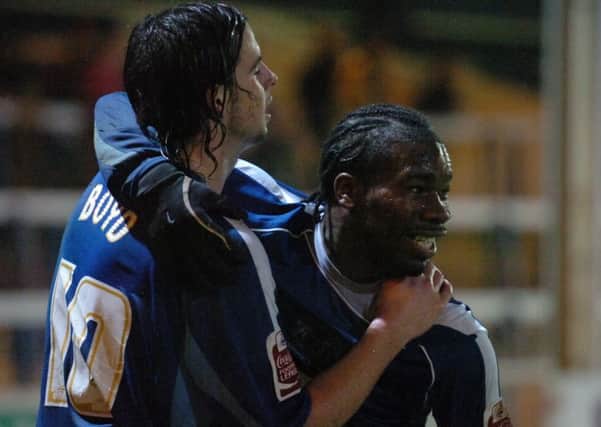 Hat-trick heroes George Boyd and Aaron Mclean celebrate a goal for Posh against Accrington in 2008.