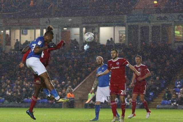 Ivan Toney heads home for Posh against Accrington. Photo: Joe Dent/theposh.com.