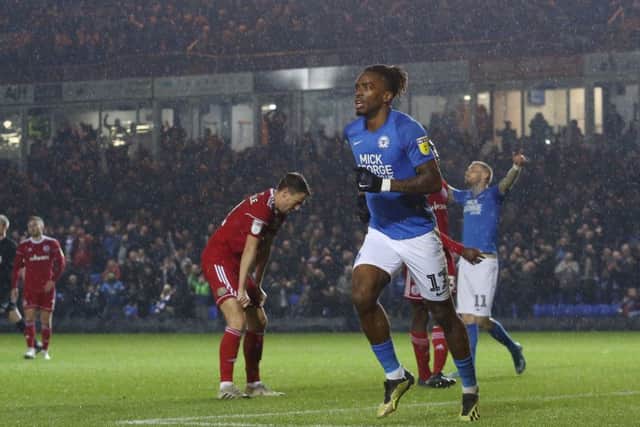 Posh striker Ivan Toney celebrates his 11th goal of the season after scoring against Accrington Stanley. Photo: Joe Dent/theposh.com.