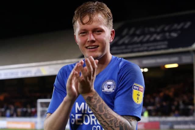 Frankie Kent is all smiles at full-time after scoring his first Posh goal against Accrington. Photo: Joe Dent/theposh.com.