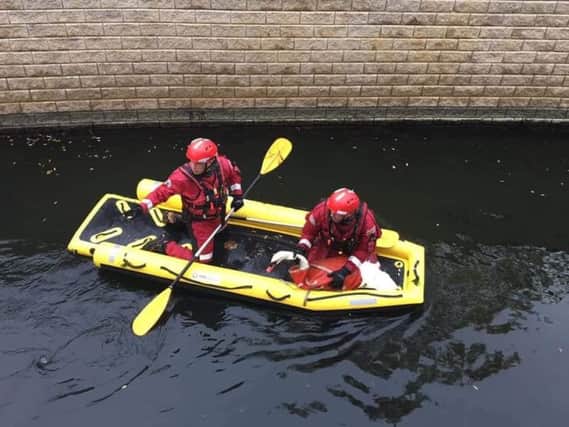 The swan being rescued by firefighters. Photo: Cambridgeshire Fire and Rescue Service