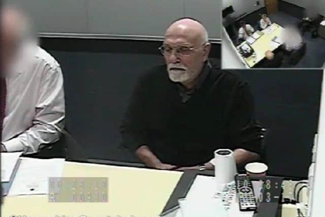 Hampshire Constabulary photo of the police interview of 'predatory paedophile' ex-football coach Bob Higgins who has been found guilty of 45 charges of indecent assault against 23 teenage boys. Hampshire Constabulary/PA Wire