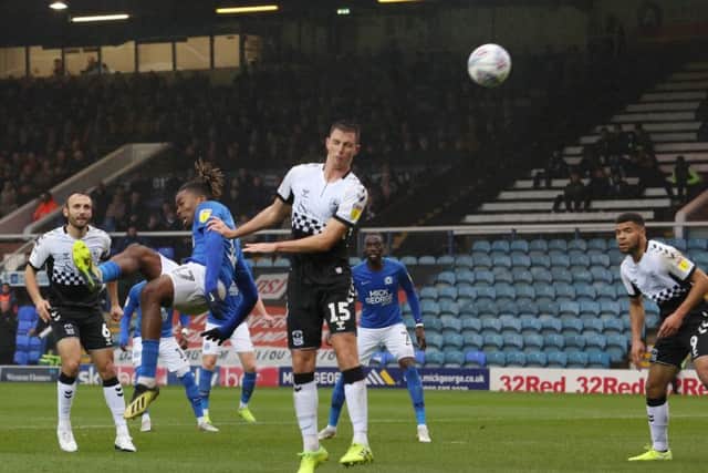 Posh striker Ivan Toney's acrobatic shot in the 2-2 draw with Coventry. Photo: Joe Dent/theposh.com.