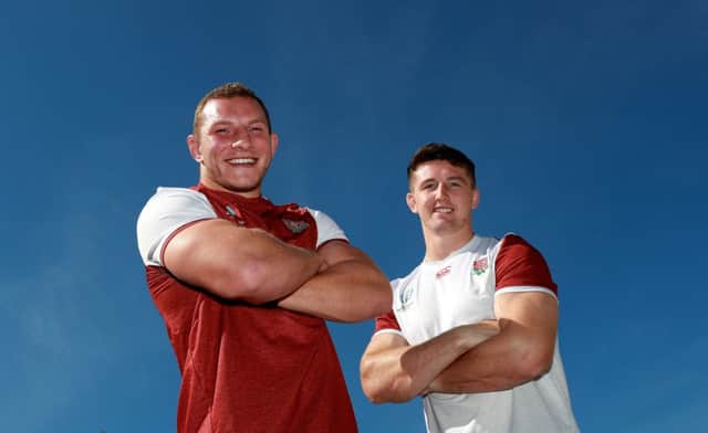 Sam Underhill (L) and Tom Curry, the England back row forwards pose during the England media session held on October 23, 2019 in Tokyo, Japan. (Photo by David Rogers/Getty Images) EMN-191030-121054001