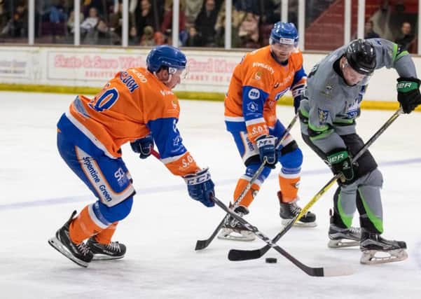 Will Weldon and Conor Pollard in action for Phantoms against Hull Pirates. Photo: Tom Scott.