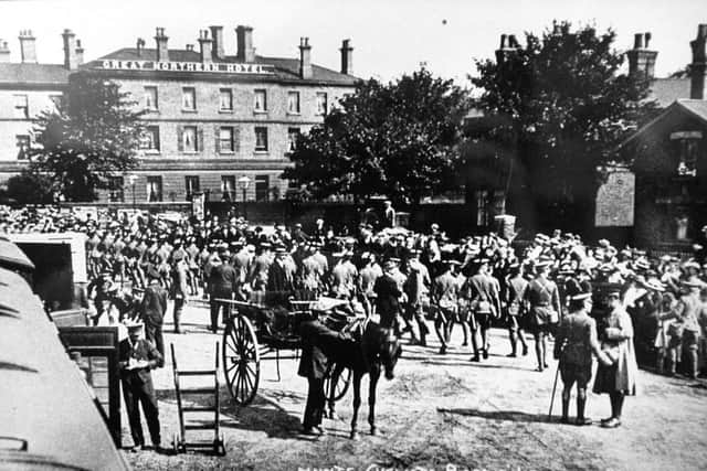 Hunt Cyclists Battalion gathered outside the hotel before leaving for war