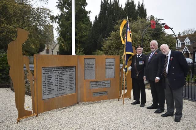 Unveiling of the new war memorial. Designers Barry Gilden and Tony Edwards with Tom Cochrane, chairman of the Yaxley Royal British Legion EMN-190211-213408009