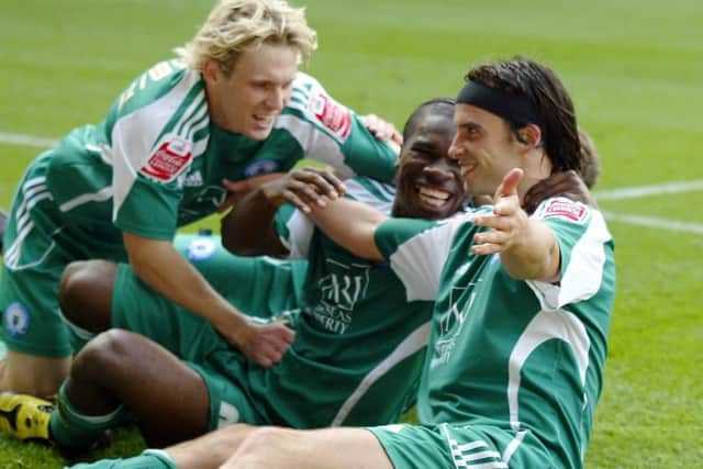 From left, Craig Mackail-Smith, Aaron Mclean and George Boyd will be reunited at Stevenage on Saturday.