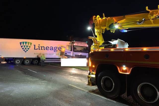 The lorry which jacknifed. Photo: Cambridgeshire police
