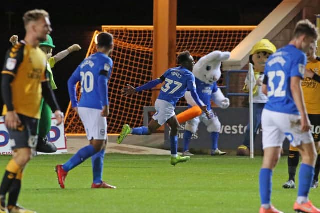 Ricky-Jade Jones celebrates his goal for Posh against Cambridge. Photo: Joe Dent/theposh.com.