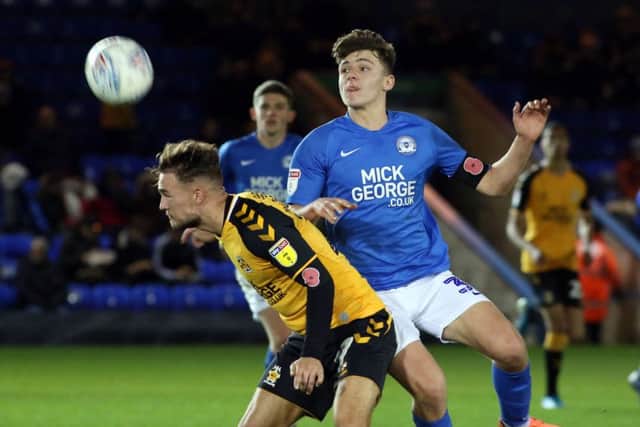 Harrison Burrows in action for Posh against Cambridge. Photo: Joe Dent/theposh.com.