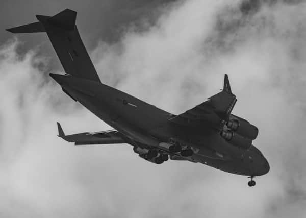 An RAF C-17 Globemaster on approach to RAF Wittering