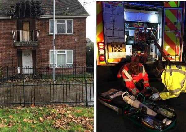 The flat which was on fire and crews at the scene. Photos: Cambridgeshire Fire and Rescue Service