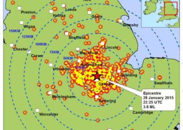 British Geological Survey map of Oakham earthquake tremor reports on Wednesday 28 January