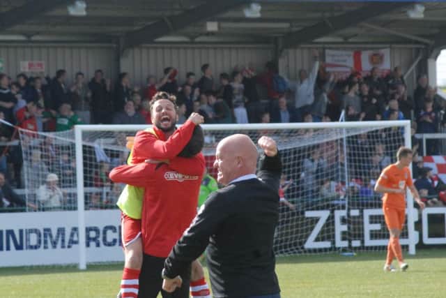 Stamford AFC celebrate beating Witton Albion on  the final day of the season to avoid relegation. Photo: John Evely EMN-150425-180617001