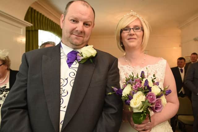 Sarah Farrington, Brett Baines wedding at Stamford register Office. The bride arrived in a Lorry Cab EMN-150905-181139009