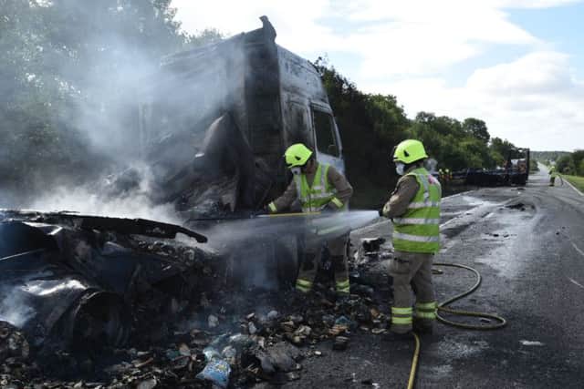 The aftermath of the lorry fire on the A1 today