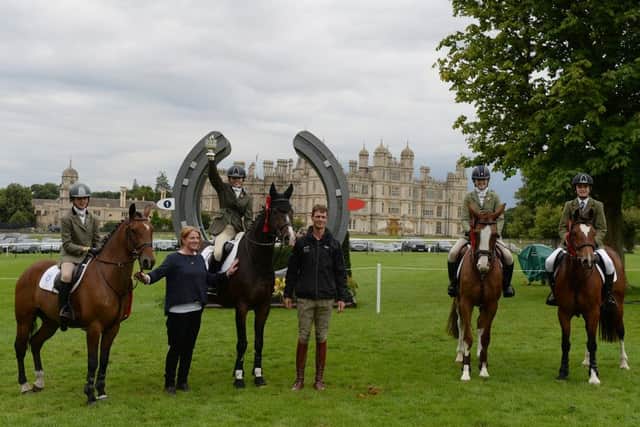 South Notts PC; (L to R, Ebony Sheppard on Kantijes Wizkid, Alsha Selby on Ronco, Millie Catley on Pandora and Charlie Catley on Abercombie) winners of the Pony Club Team Jumping during The Land Rover Burghley Horse Trials near Stamford in Lincolnshire, UK, on 2nd September 2015 EMN-150509-111806001