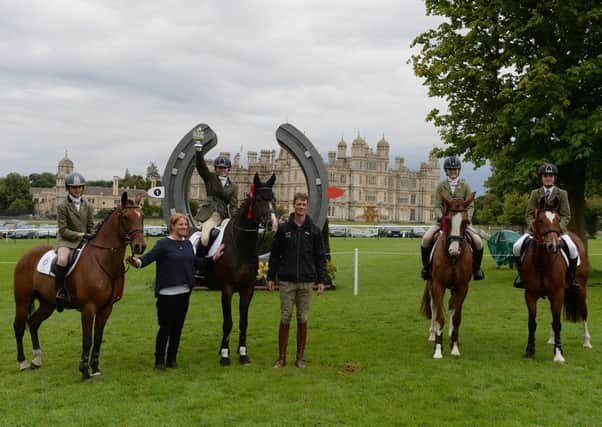South Notts PC; (L to R, Ebony Sheppard on Kantijes Wizkid, Alsha Selby on Ronco, Millie Catley on Pandora and Charlie Catley on Abercombie) winners of the Pony Club Team Jumping during The Land Rover Burghley Horse Trials near Stamford in Lincolnshire, UK, on 2nd September 2015 EMN-150509-111806001