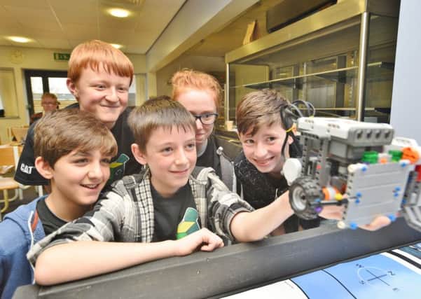 Lego league tournament at Park Air Systems, Market Deeping - Matteo Cozzetto, Jamie Martin, Marc Humphreys, Catlin Duvel and Oliver Smith from Ken Stimpson school EMN-151212-233314009
