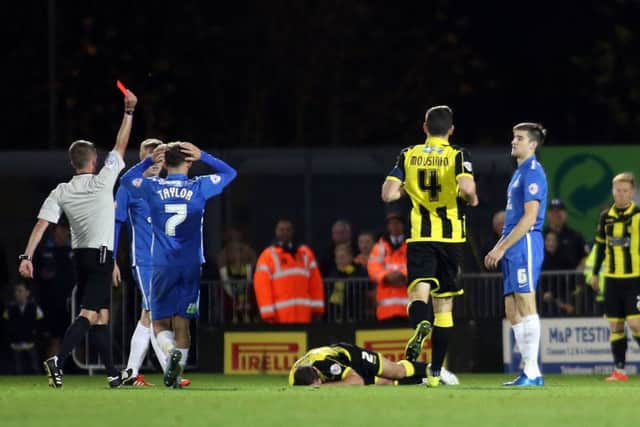 Jack Baldwin is sent off playing for Posh at Burton in the FA Cup. Photo: Joe Dent/theposh.com.