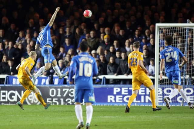 Conor Washington's last goal for Posh,  a thumping header in the 2-0 FA Cup win over Preston at the ABAX Stadium.