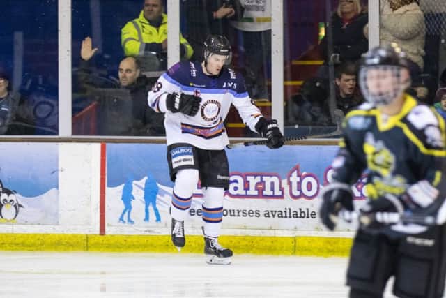 Craig Scott celebrates the opening goal for Peterborough Phantoms against Bracknell. Photo: Tom Scott.