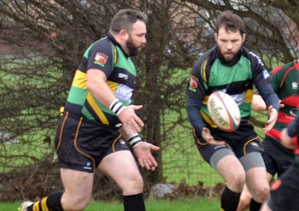 BROKEN SEQUENCE: Gareth Silverwood (left) and Guy Cunningham were two of the try scorers for Deepings in their 30-22 defeat at Bedford Swifts.  Photo by Tim Wilson.