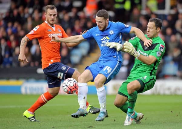 Mark Tyler in action for Luton against Posh earlier this season.