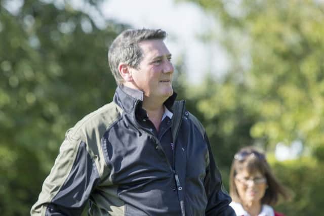 Tony Hadley tees off at the Action Medical Research Tony Hadley Golf Classic, Elton Furze, Peterborough 12/09/2015.  Picture by Terry Harris. THA