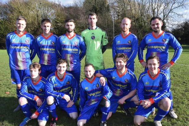 Parkside FC before their defeat to AFC Stanground Reserves on penalties in the semi-final of the League Shield. (Back, from left to right) Gareth Hill, Lewis Birchmere, Jak Bellamy, Andy Freeman, David Atkins, Michael Clark. (Front) John Lilley, Sam Evans, Jonathon Campbell, Rich Stubbing and Davy Sulch. Photo: David Lowndes.