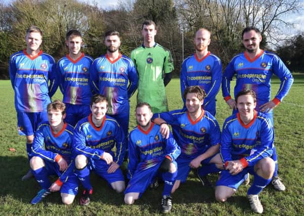 Parkside FC before their defeat to AFC Stanground Reserves on penalties in the semi-final of the League Shield. (Back, from left to right) Gareth Hill, Lewis Birchmere, Jak Bellamy, Andy Freeman, David Atkins, Michael Clark. (Front) John Lilley, Sam Evans, Jonathon Campbell, Rich Stubbing and Davy Sulch. Photo: David Lowndes.
