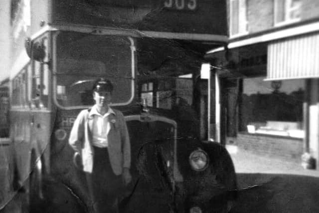 Bus driver for Eastern Counties Tom Brazier pictured in 1965 at the Bluebell shops