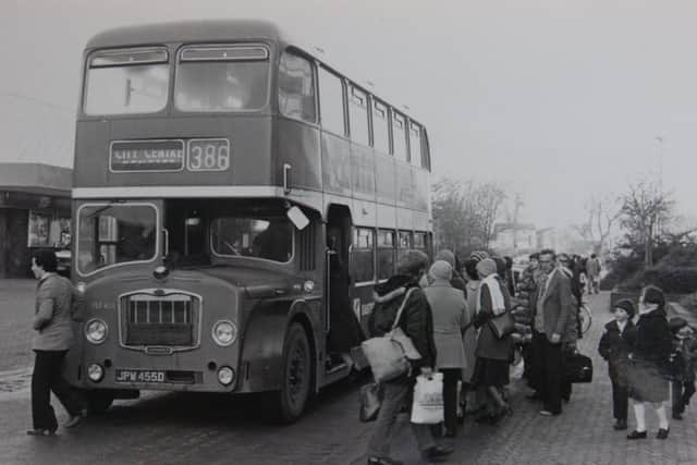 Catching a bus from the Bretton centre in 1980