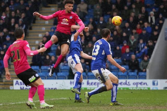 This header from Posh striker Lee Angol ended up in the back of the net, but he was ruled offside. Photo: Joe Dent/theposh.com.