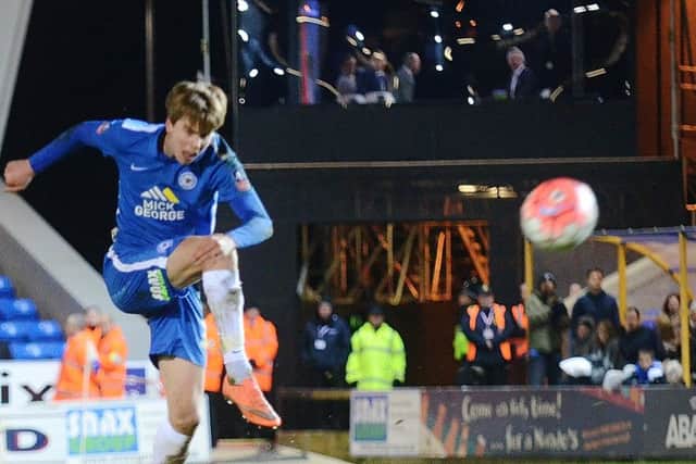 Posh midfdielder Martin Samuelsen shoots at goal. Behind him is the BBC studio that housed live TV host Gary Lineker and his pundits. Photo: David Lowndes.
