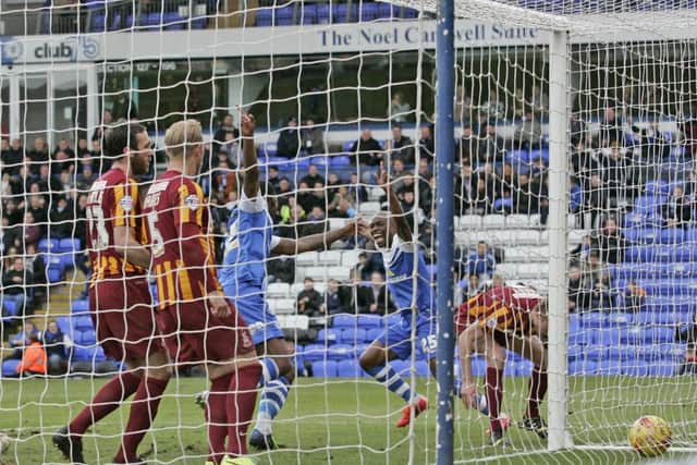 Posh beat Bradford City 2-0 at home last season, helped by this goal from Gaby Zakuani. Photo: Joe Dent/theposh.com.