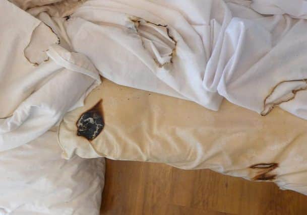 The scorched bedding after the fire