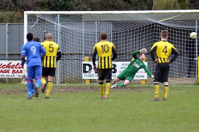AFC Kempston equalise from the penalty spot at Holbeach. Photo: Tim Wilson.